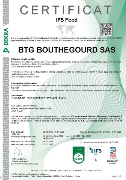Certificat IFS Food v8 BTG Bouthegourd 2026 FR